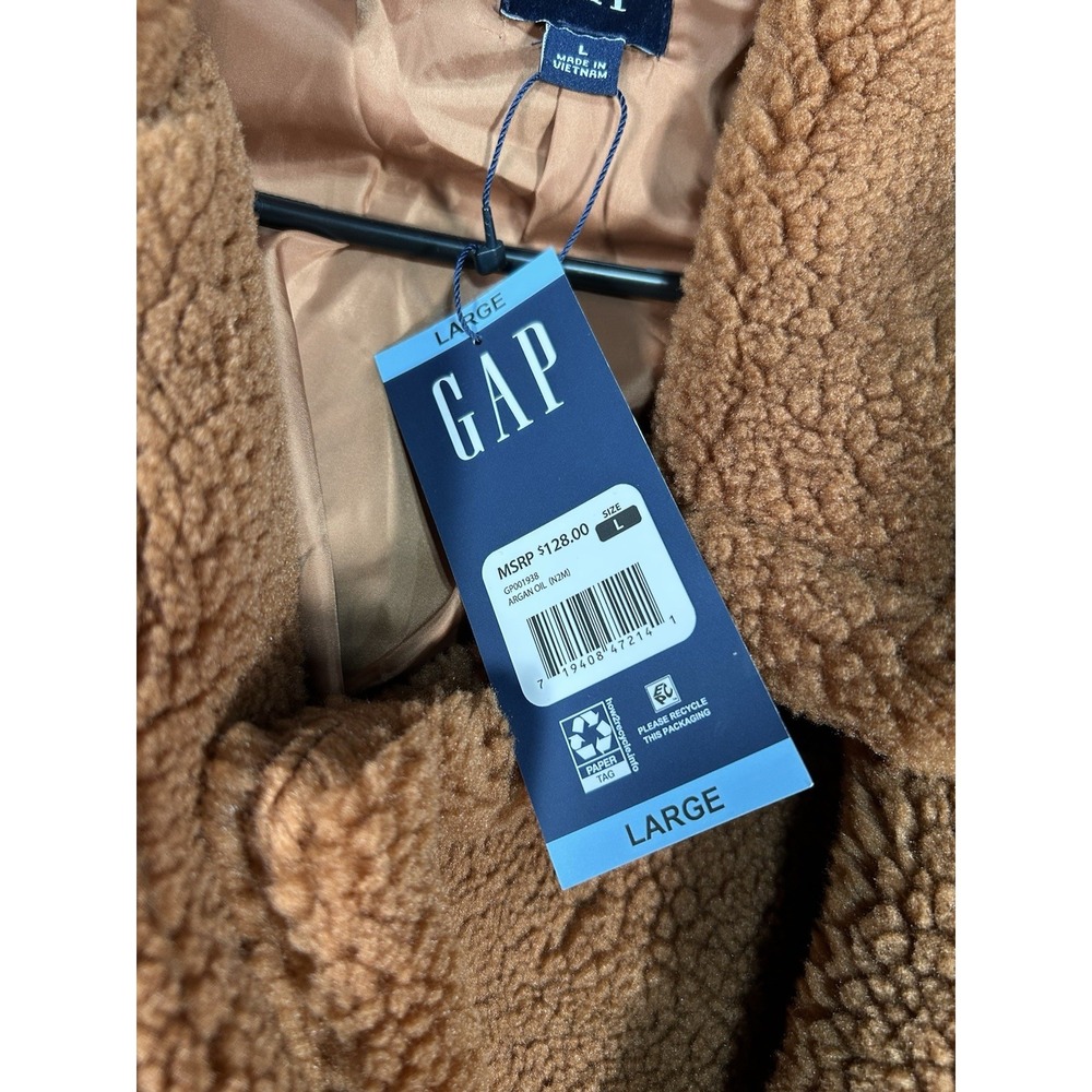 New Gap Jacket Women's Large Brown Teddy Sherpa Faux Fur Button Pockets $128 - Picture 4 of 8